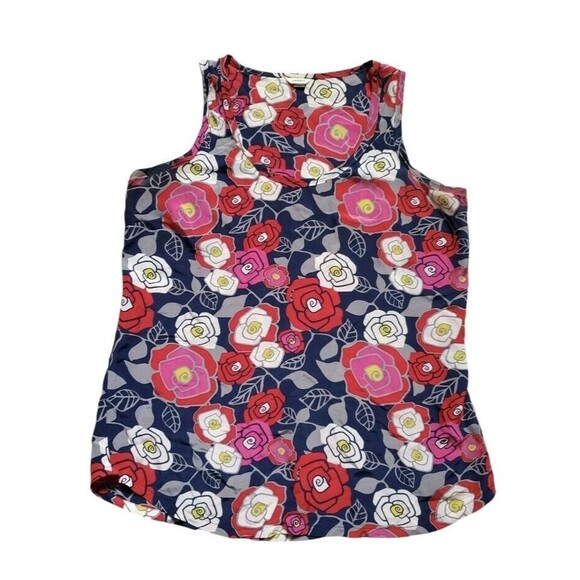 Fossil 100% Silk Tank Blouse Women Medium Red Black Sleeveless Top Floral Poppy - Picture 7 of 7